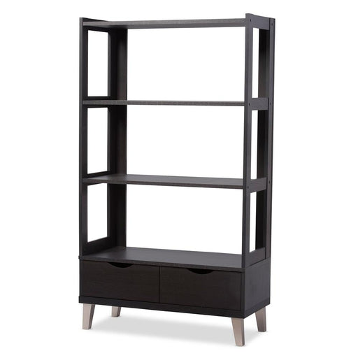 KALIEN DARK BROWN WOOD LEANING BOOKCASE WITH DISPLAY SHELVES AND TWO DRAWERS - Medieval Replicas