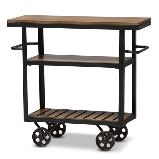 KENNEDY STYLE ANTIQUE BLACK TEXTURED FINISHED METAL DISTRESSED WOOD MOBILE SERVING CART - Medieval Replicas