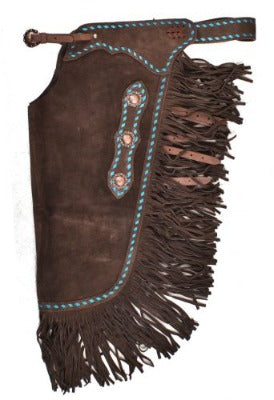 Showman ® Dark Brown Suede leather chinks with turquoise buckstitch