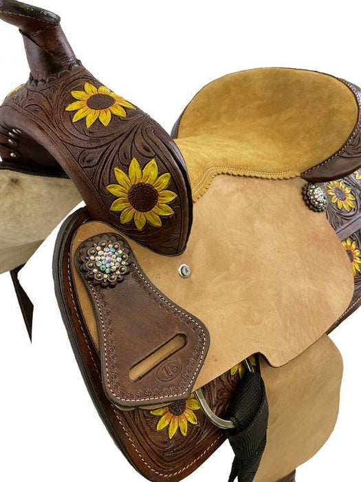 Double T Barrel Style Horse Saddle with hand painted sunflower design 12" - Medieval Replicas