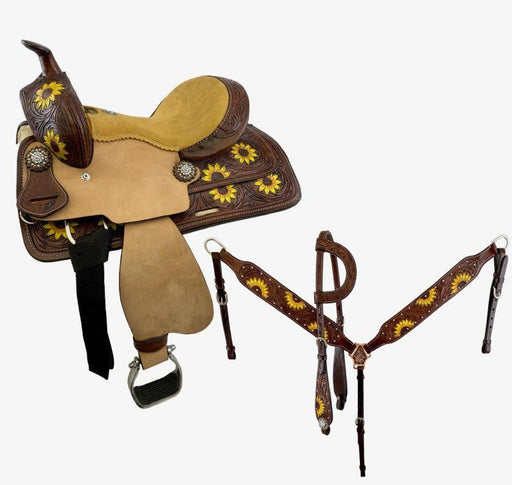 Double T Barrel Style Horse Saddle with hand painted sunflower design 12" - Medieval Replicas