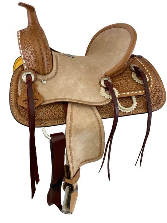 12" Double T hard seat roping style horse saddle with micro floral tooling - Medieval Replicas