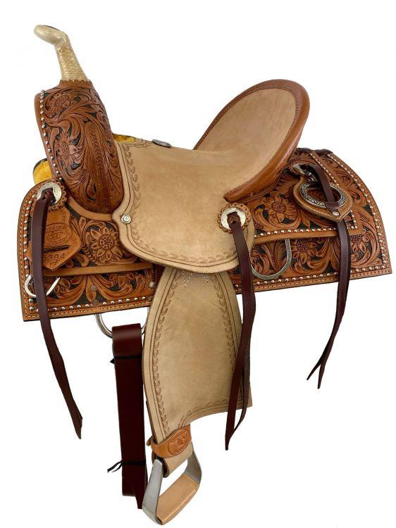 Double T brown suede seat barrel horse saddle with floral tooling 12" - Medieval Replicas