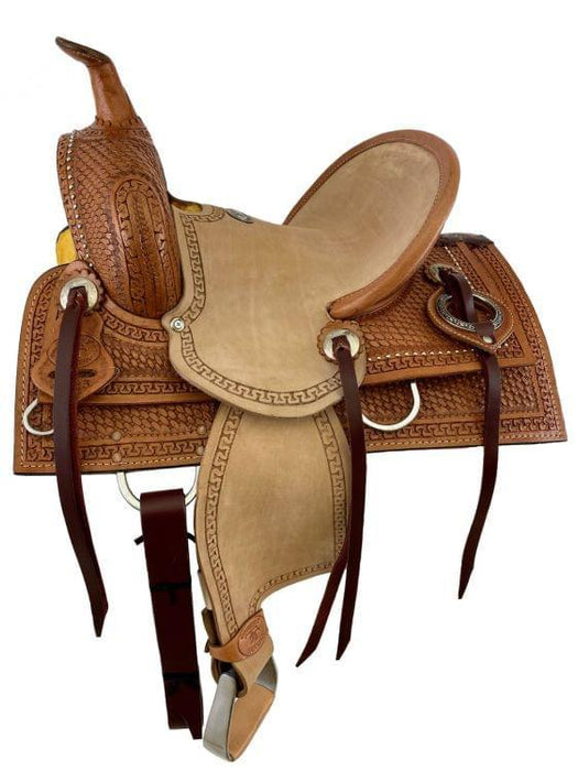 12" Double T hard seat roping style horse saddle with basket weave tooling |saddle seat riding - Medieval Replicas