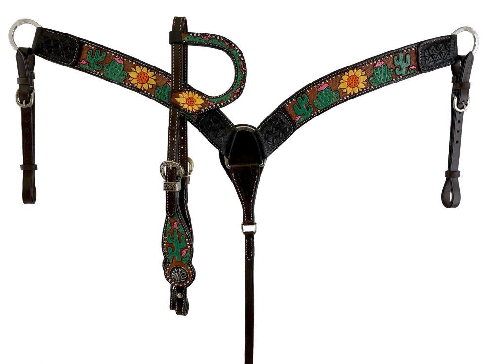 Showman Hand painted sunflower and cactus one ear headstall & breast collar set - Medieval Replicas