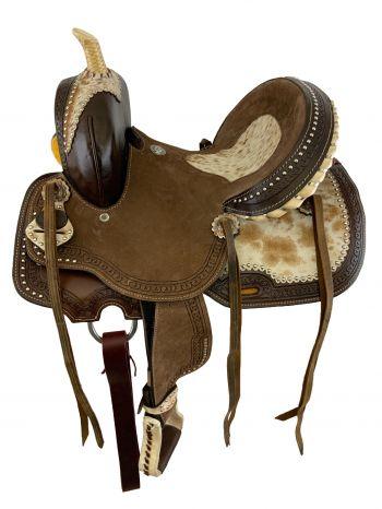 Double T Youth Hard Seat Barrel Horse Saddle With Hair On Cowhide Seat 12 Inch - Medieval Replicas