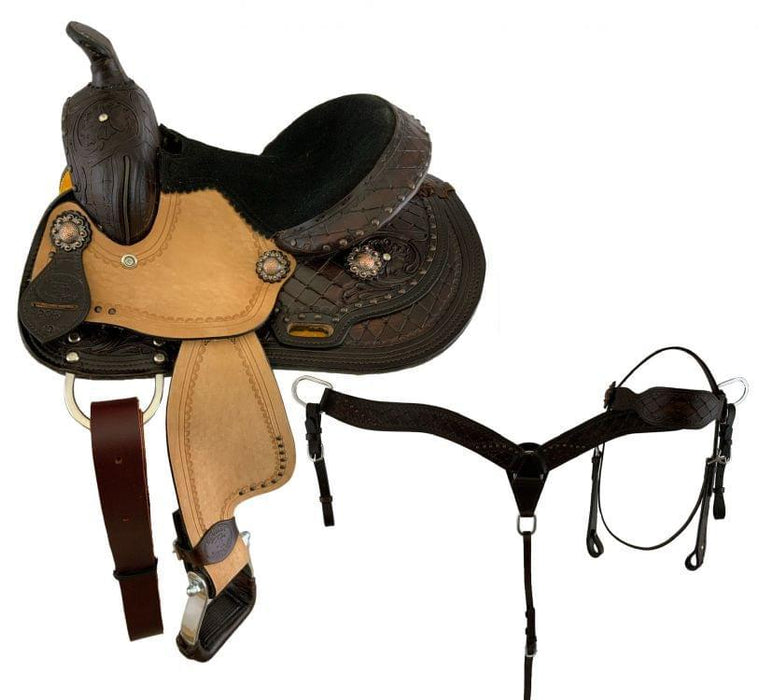 10" Double T pony saddle set with a large diamond tooling on  the pommel | horse saddle seat - Medieval Replicas