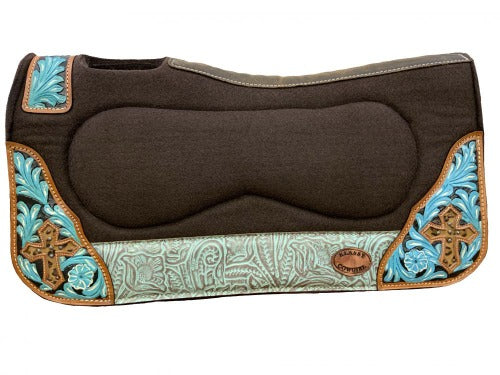 Klassy Cowgirl  28x30 Barrel Style 1” Brown felt horse saddle pad with teal embossed accent
