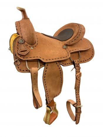 16" Roper Style saddle tan rough out with leather inlay seat. Saddle has latigo - Medieval Replicas