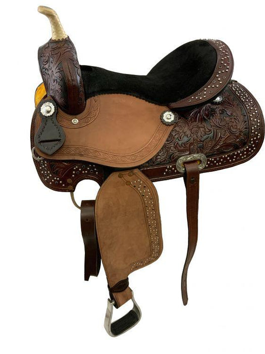 15" Burgundy Economy Barrel Horse Saddle Set with floral tooling NEW - Medieval Replicas