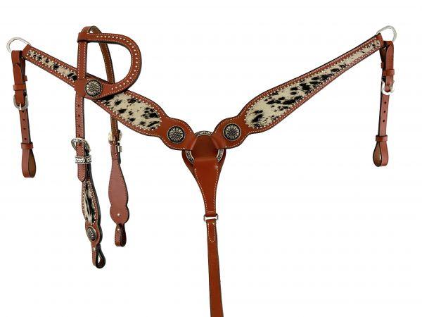 Showman ® Black and White hair on cowhide Single Ear Headstall and Breast Collar - Medieval Replicas