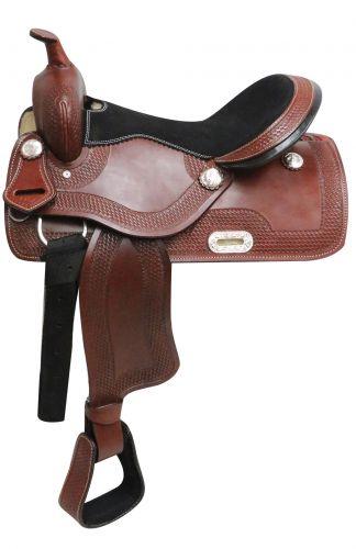 Economy style western saddle with basket weave tooling 16" - Medieval Replicas