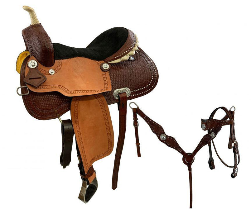 16" Economy Barrel Horse Saddle Set with basket stamp tooling, copper beads - Medieval Replicas