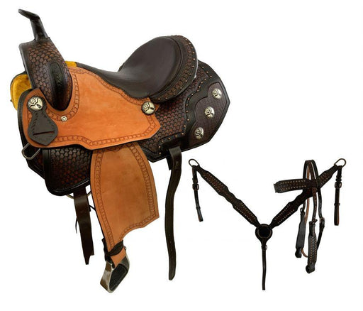 15" Economy Barrel Horse Saddle Set with basket stamp tooling, copper beads NEW! - Medieval Replicas