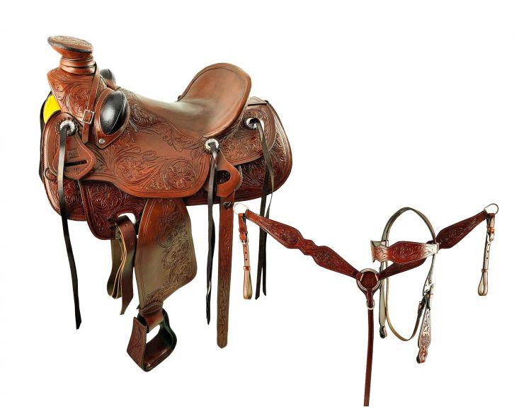 17" Wade Style Economy Roping Horse Saddle Set With Basket Weave/Floral Tool - Medieval Replicas