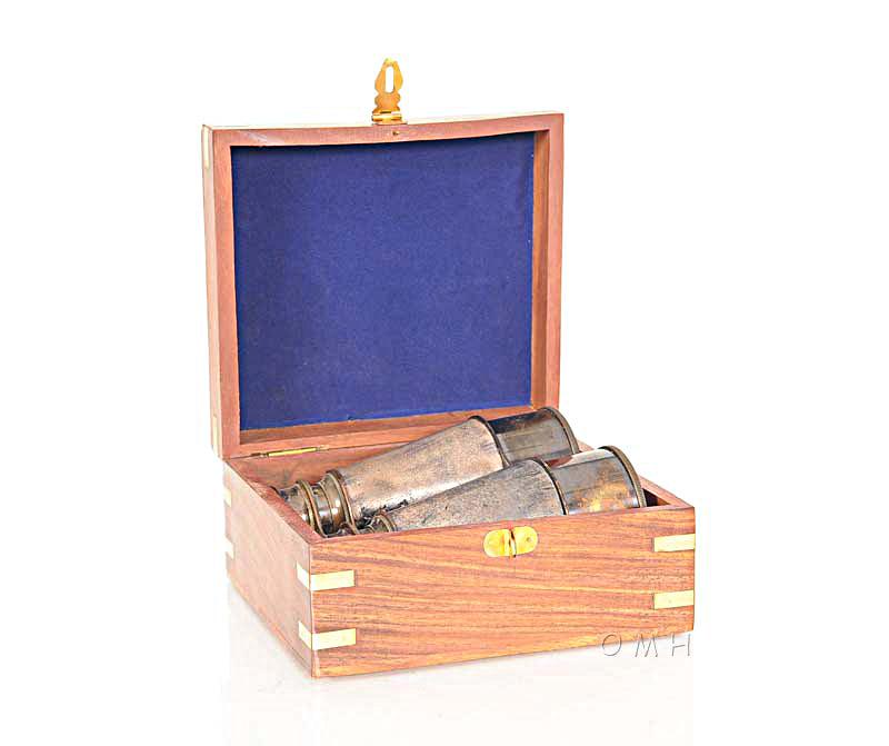 Brass Binocular With leather overlay in wood box Home Decror - Medieval Replicas