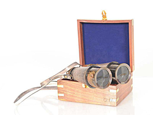 Brass Binocular With leather overlay in wood box Home Decror - Medieval Replicas