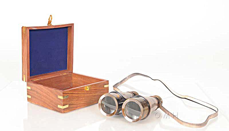 Brass Binocular With leather overlay in wood box Home Decror - Medieval Replicas