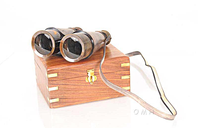 Brass Binocular With leather overlay in wood box Home Decror - Medieval Replicas