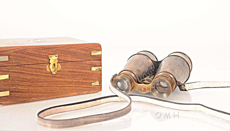 Brass Binocular With leather overlay in wood box Home Decror - Medieval Replicas