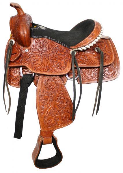 Fully tooled Double T youth saddle 13" - Medieval Replicas