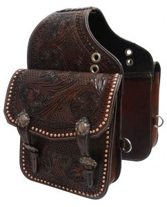 Showman Tooled dark oil leather horse saddle bag with engraved antique concho