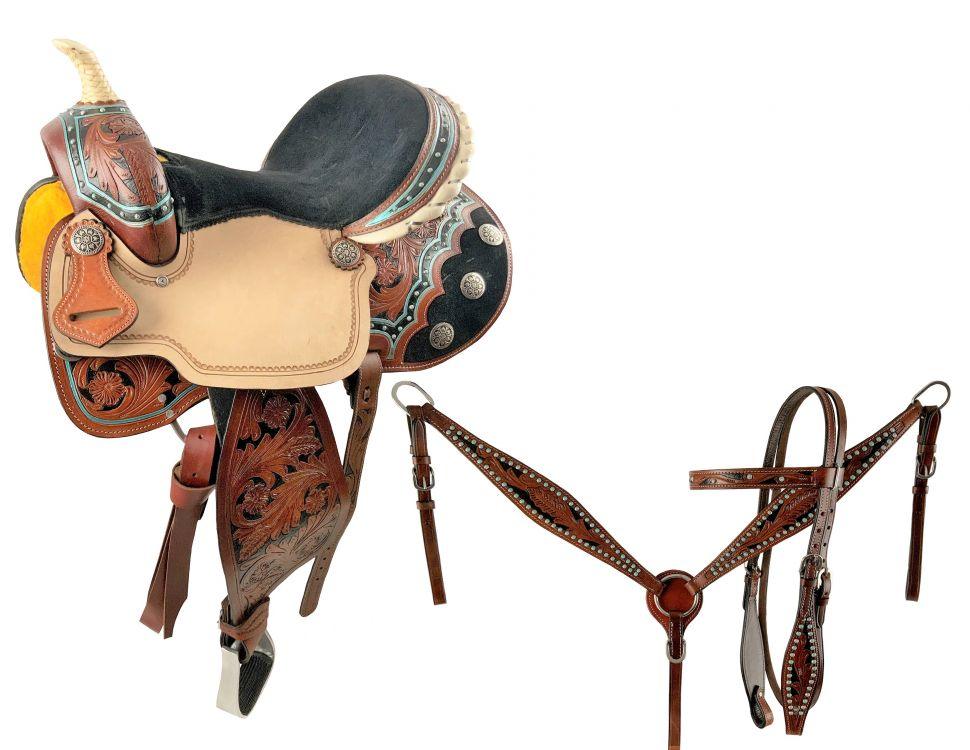 15" Economy Barrel Horse Saddle Set With Floral Tooling NEW - Medieval Replicas