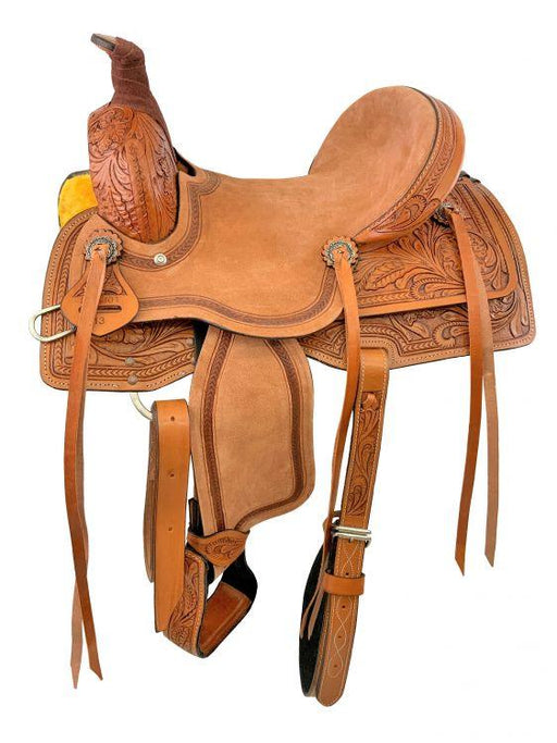 13" Youth Roping Style Western Hard Seat Horse Saddle with floral tooling - Medieval Replicas