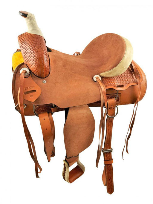 16" Medium Oil Hard Seat Roper Style Horse saddle with roughout fenders & jockey - Medieval Replicas