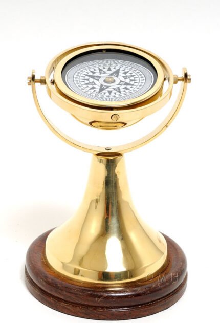 Gimbaled Compass on wood base — view 2